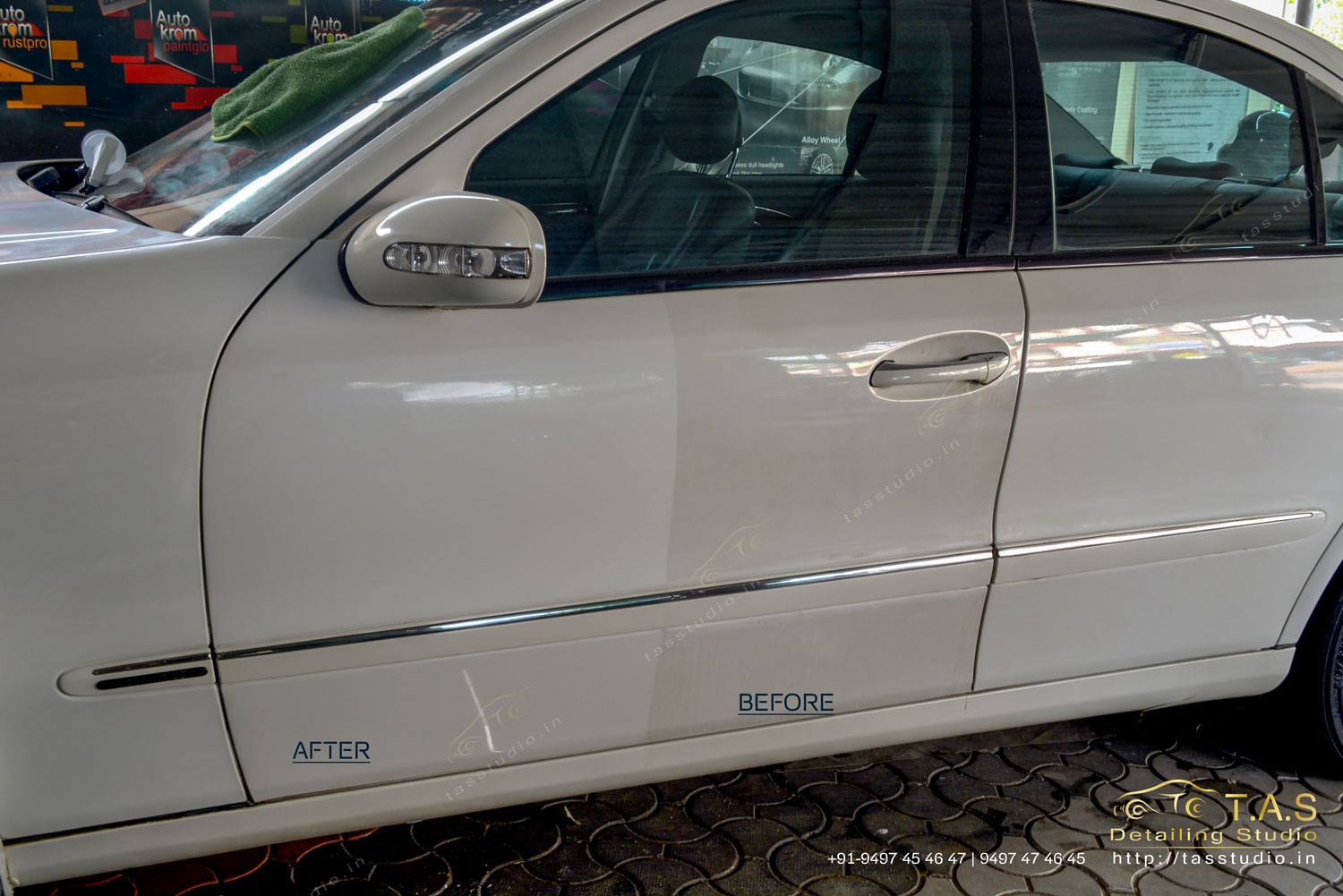 white benz, 50-50 view, detailing white benz, 50-50 view, detailing